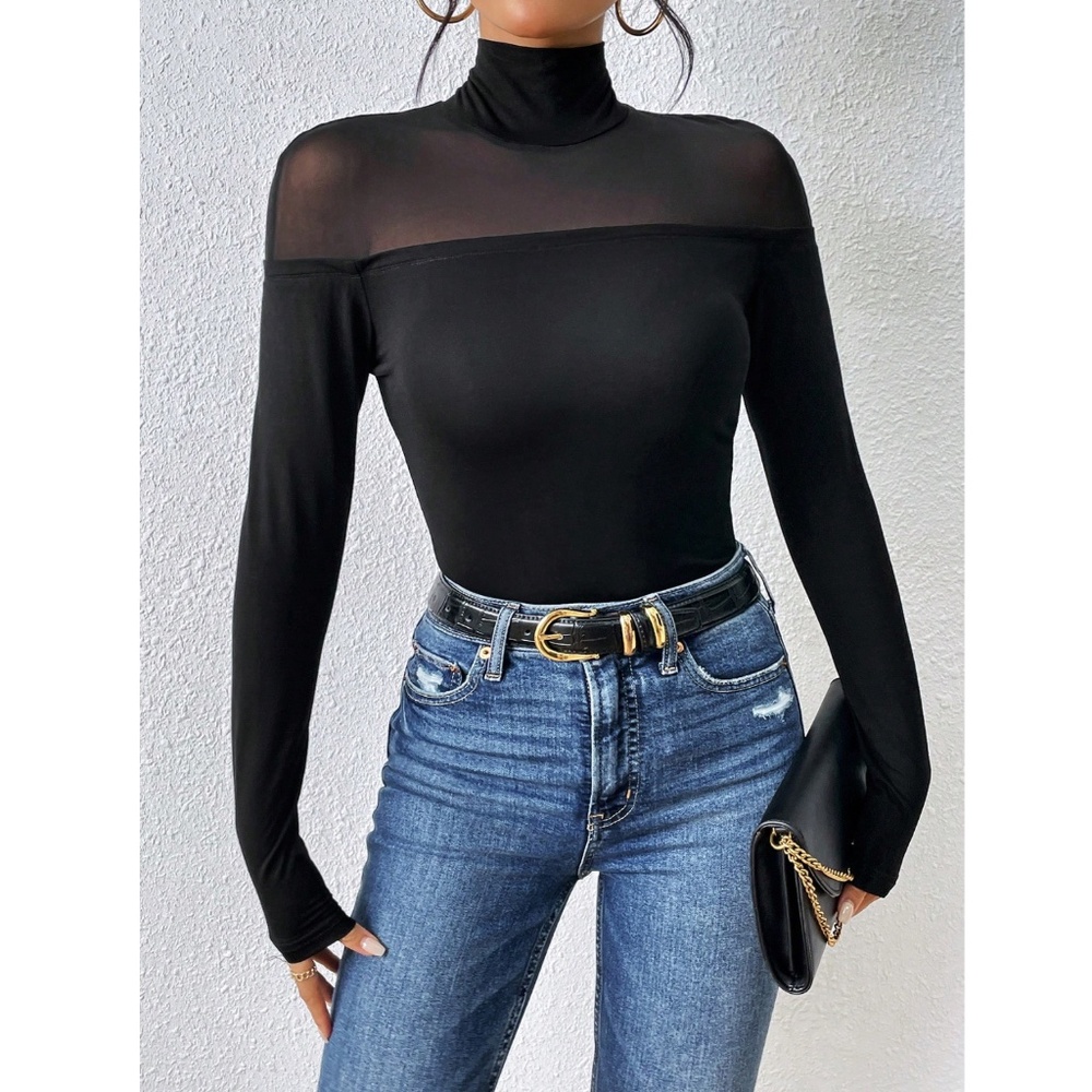 Black Long Sleeve Slim Fit High Stretch Top Sheer Mesh Insert Tee Shirt - Picture 3 of 7